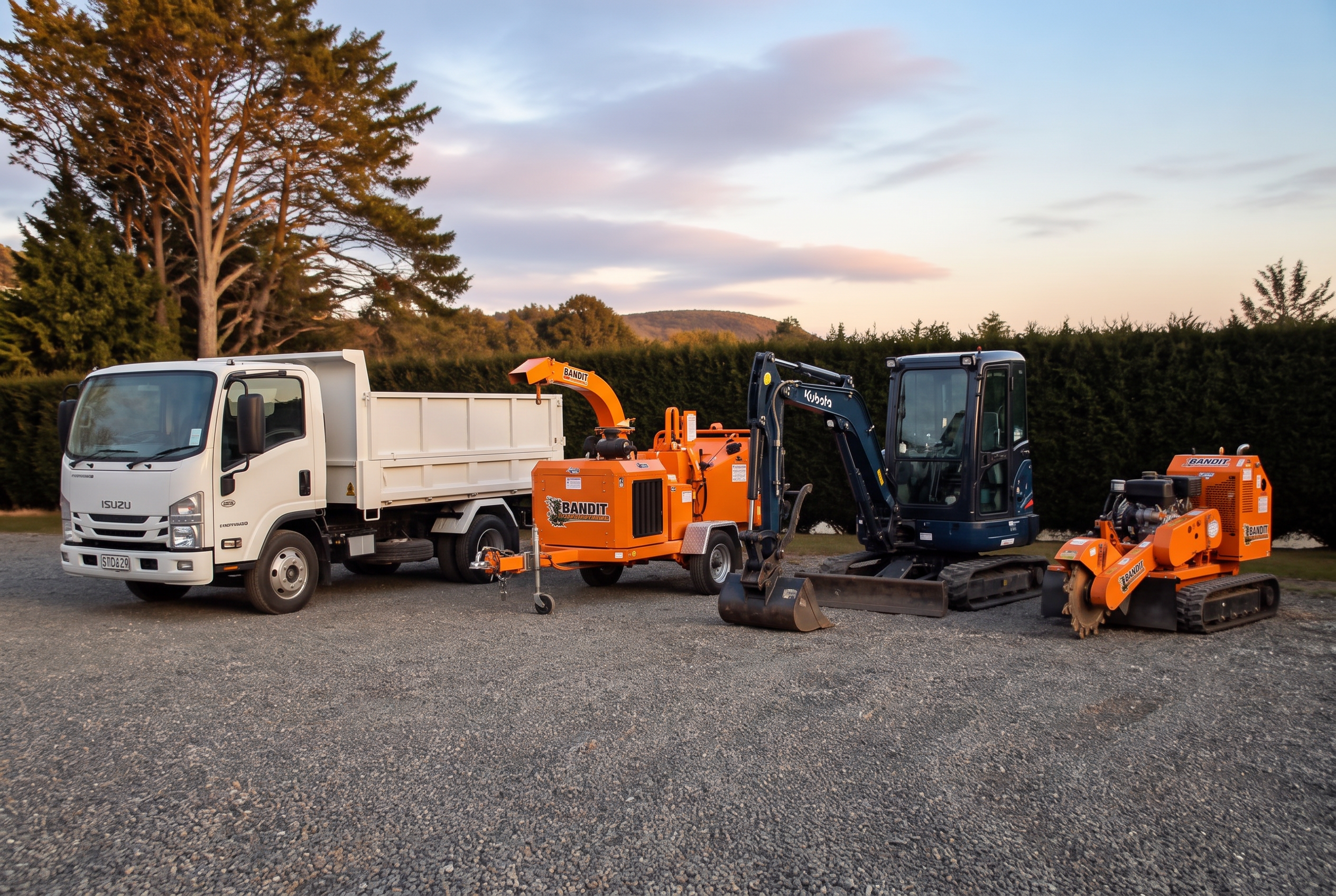 NZ TreeSMITHS fleet — Isuzu Forward tipper truck, Bandit wood chipper, Kubota excavator and Bandit stump grinder